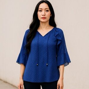 Jade Melody Tam Blue Lined Chiffon V Neck Blouse Women’s Size L